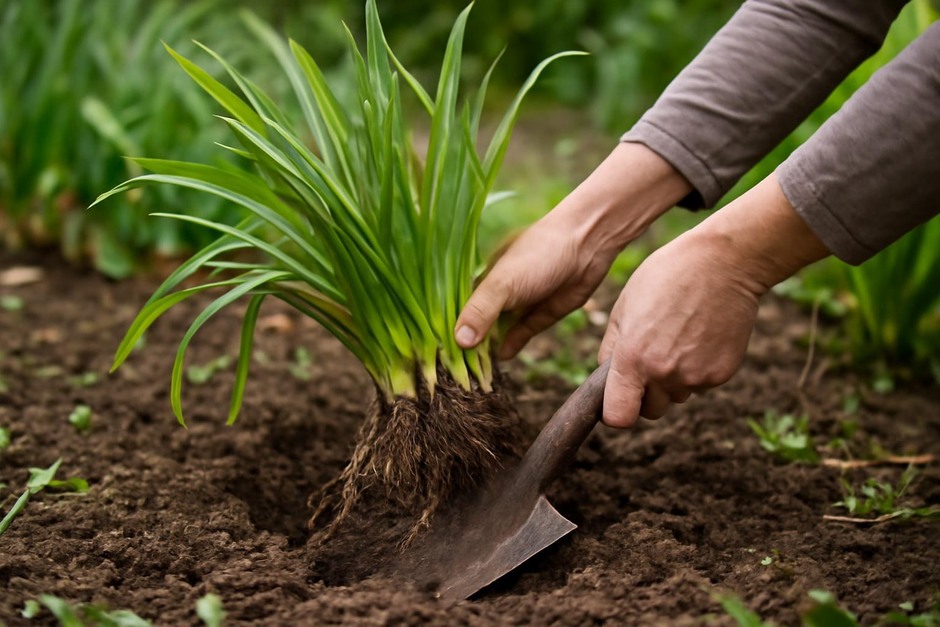 Hands dividing a clump of perennial plants with a spade