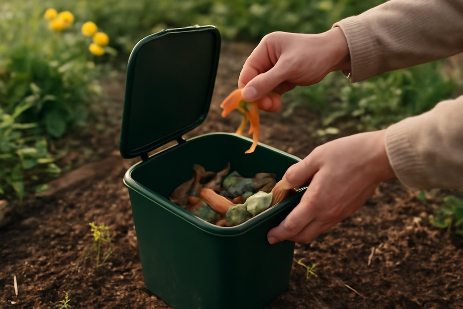 Hands adding kitchen scraps to a small compost bin in a garden